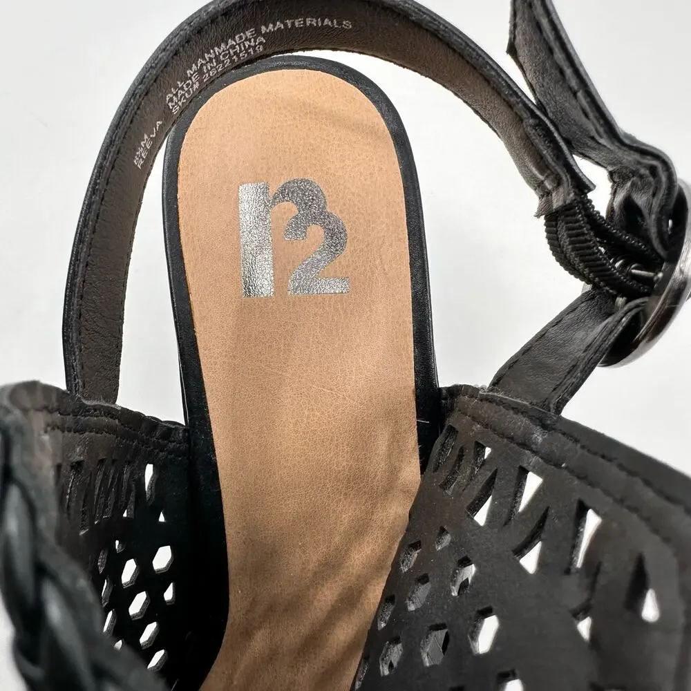 Black Heels Peep Toe Chunky Heel Slingback Reeva Women's US 8.5 Open Toe Sandals